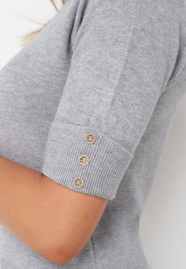 Szary Sweter Golf z Krótkimi Rękawami z Guzikami Adylatin