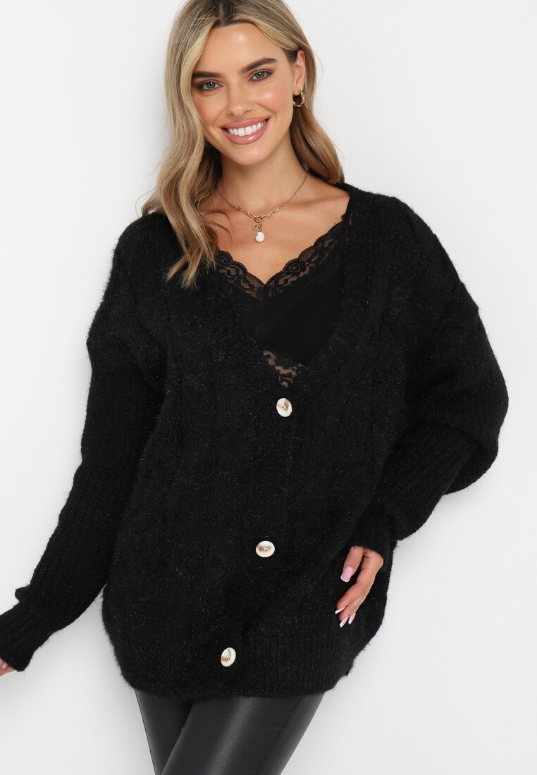 Czarny Kardigan z Warkoczykowym Splotem Aaronni