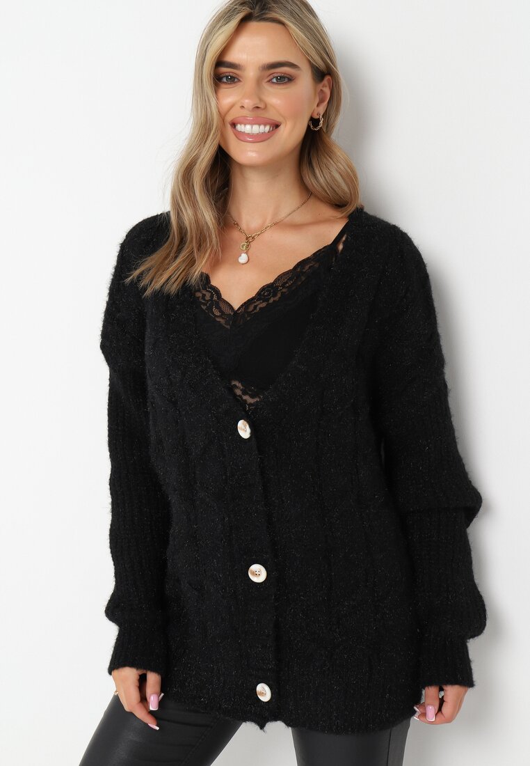 Czarny Kardigan z Warkoczykowym Splotem Aaronni