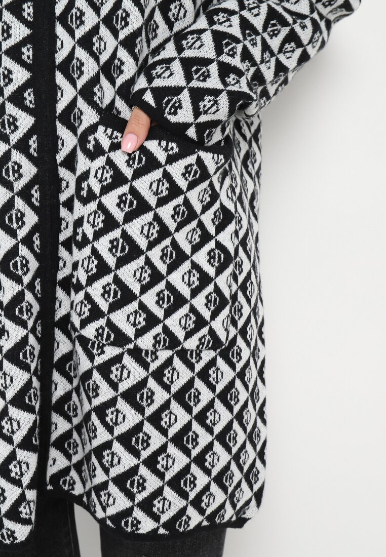 Biało-Czarny Kardigan w Geometryczny Print z Kieszeniami i Suwakiem Rottene