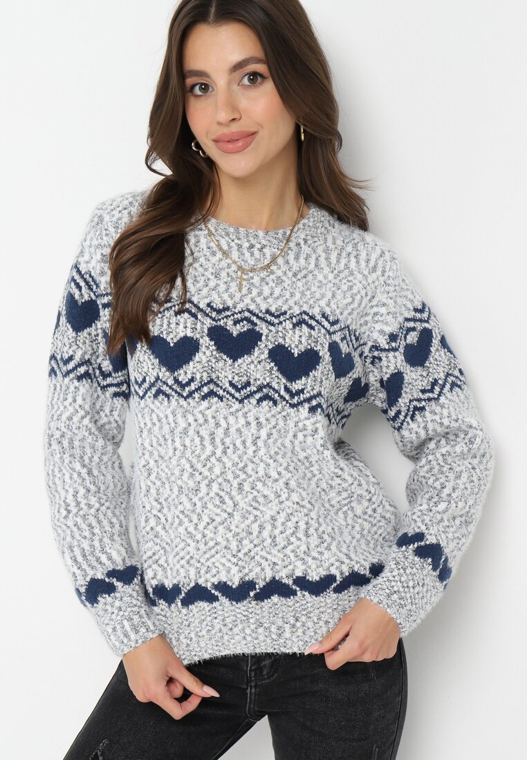 Szary Dzianinowy Sweter w Serca Ritavem