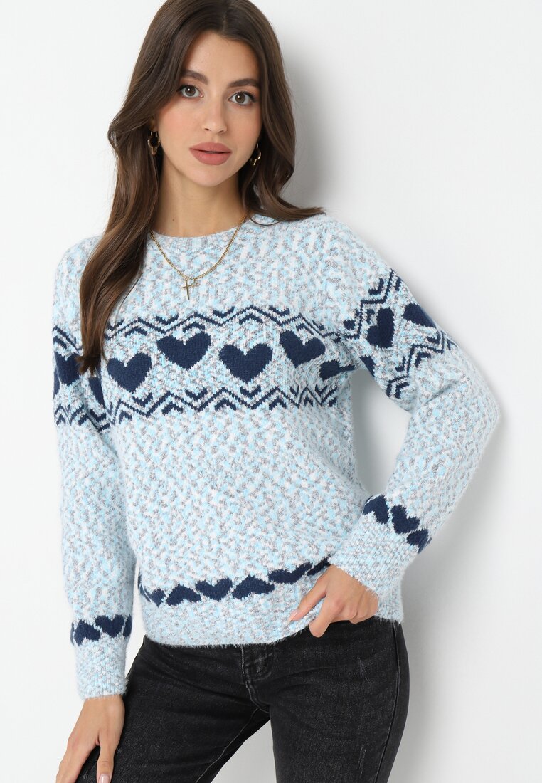 Niebieski Dzianinowy Sweter w Serca Ritavem