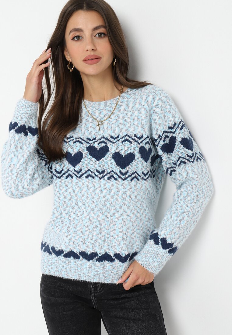 Niebieski Dzianinowy Sweter w Serca Ritavem