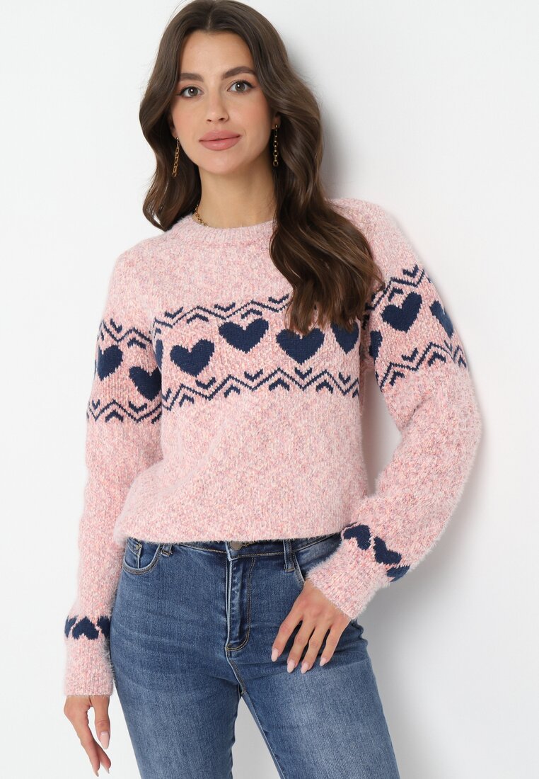 Różowy Dzianinowy Sweter w Serca Ritavem