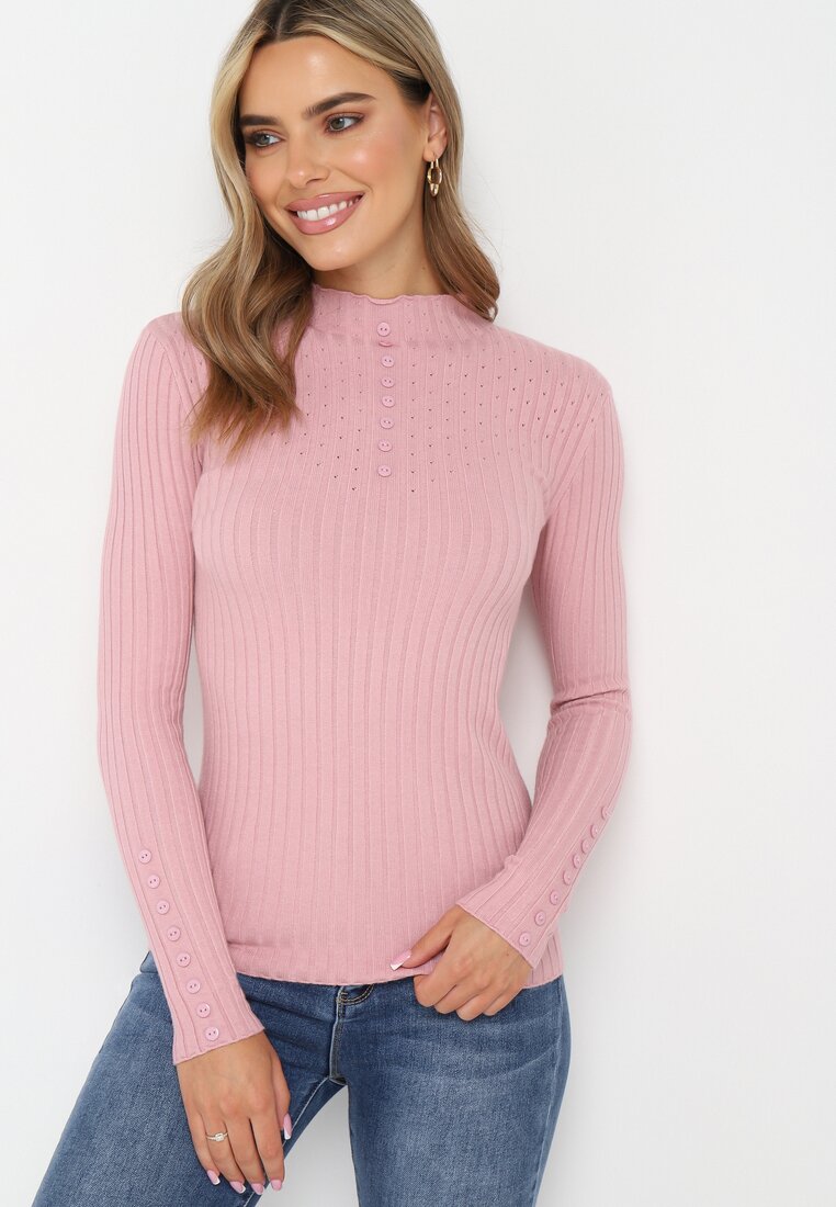 Różowy Dopasowany Sweter Golf z Ozdobnymi Guzikami Oppanla