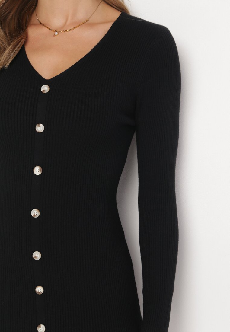 Czarna Sweterkowa Sukienka z Prążkowanej Dzianiny Laziah