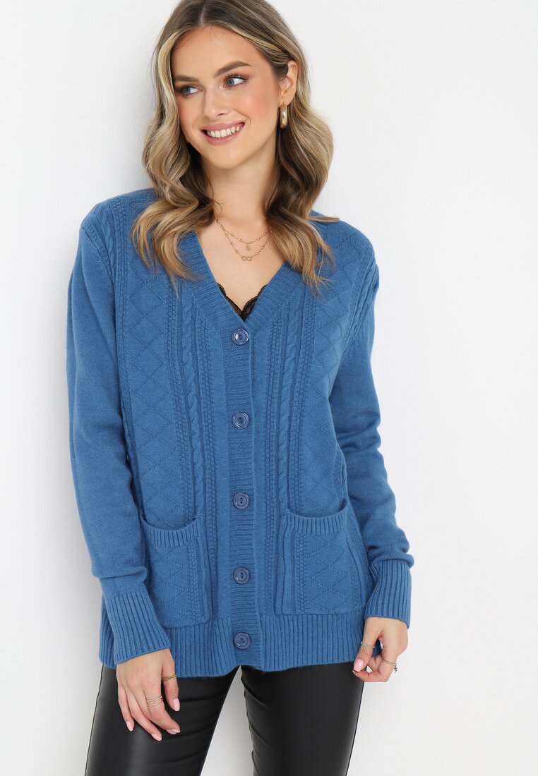 Niebieski Kardigan z Warkoczykowym Splotem Marianns