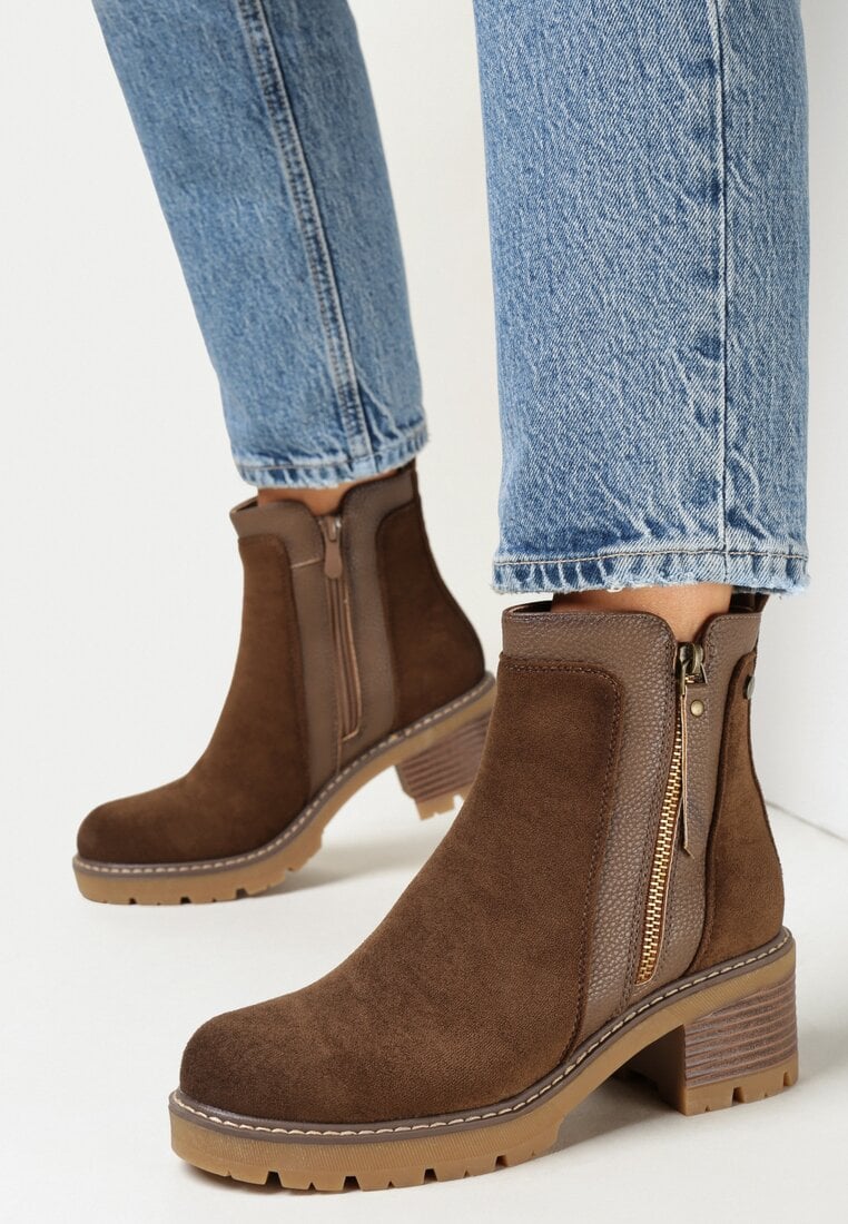 Brązowe Botki z Ozdobnym Suwakiem z Imitacji Zamszu Avronie