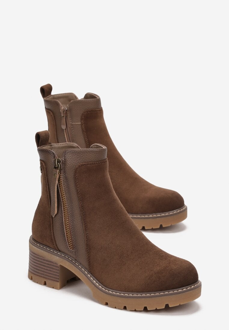 Brązowe Botki z Ozdobnym Suwakiem z Imitacji Zamszu Avronie