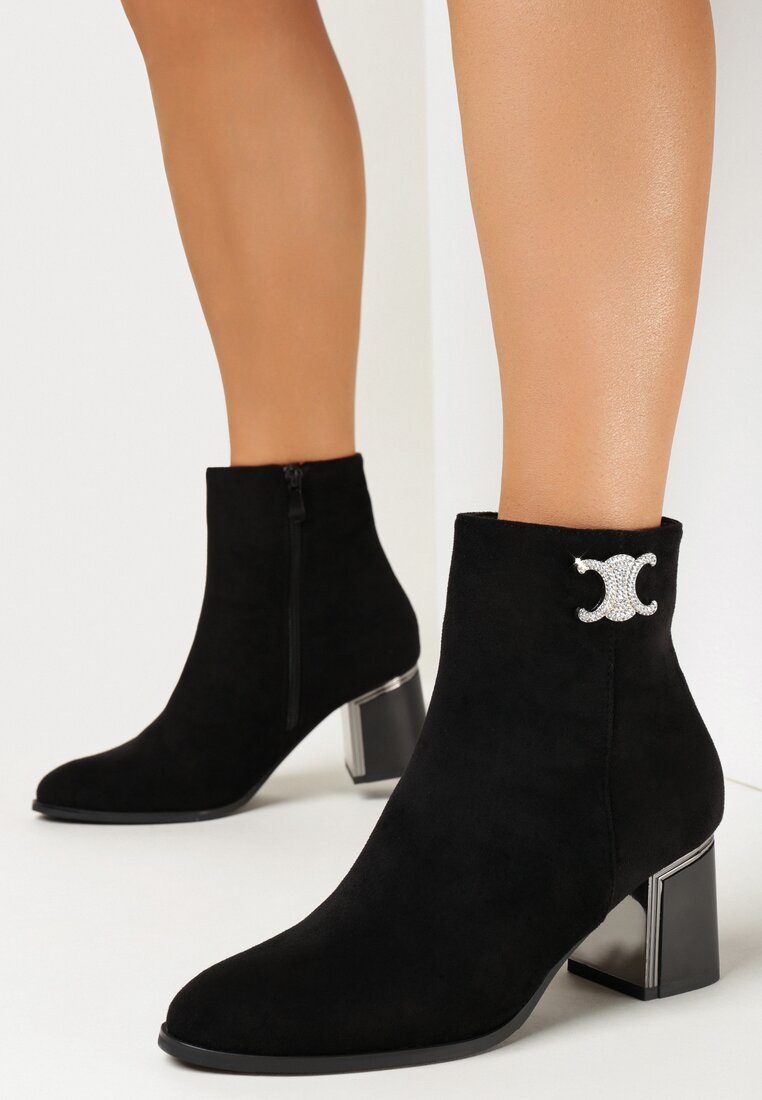 Czarne Botki na Metalicznym Obcasie Ozdobione Cyrkoniami Braedone