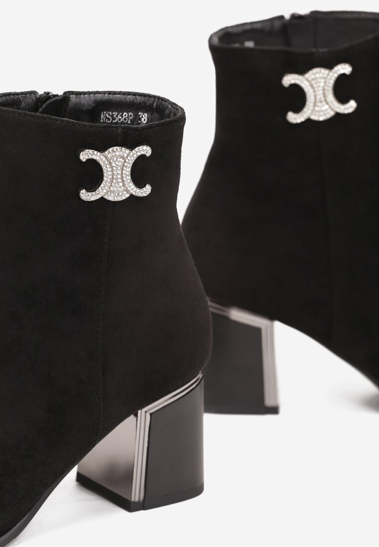 Czarne Botki na Metalicznym Obcasie Ozdobione Cyrkoniami Braedone