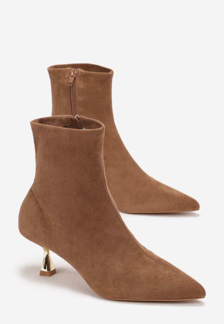 Beżowe Botki ze Szpiczastym Noskiem z Imitacji Zamszu Enedie