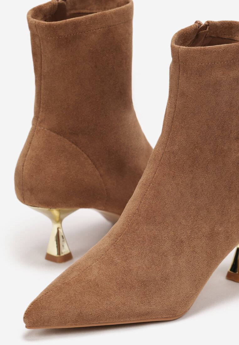 Beżowe Botki ze Szpiczastym Noskiem z Imitacji Zamszu Enedie