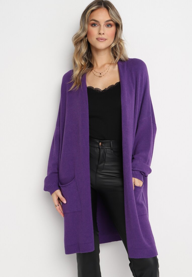 Fioletowy Kardigan Niezapinany z Wsuwanymi Kieszeniami Pianisma