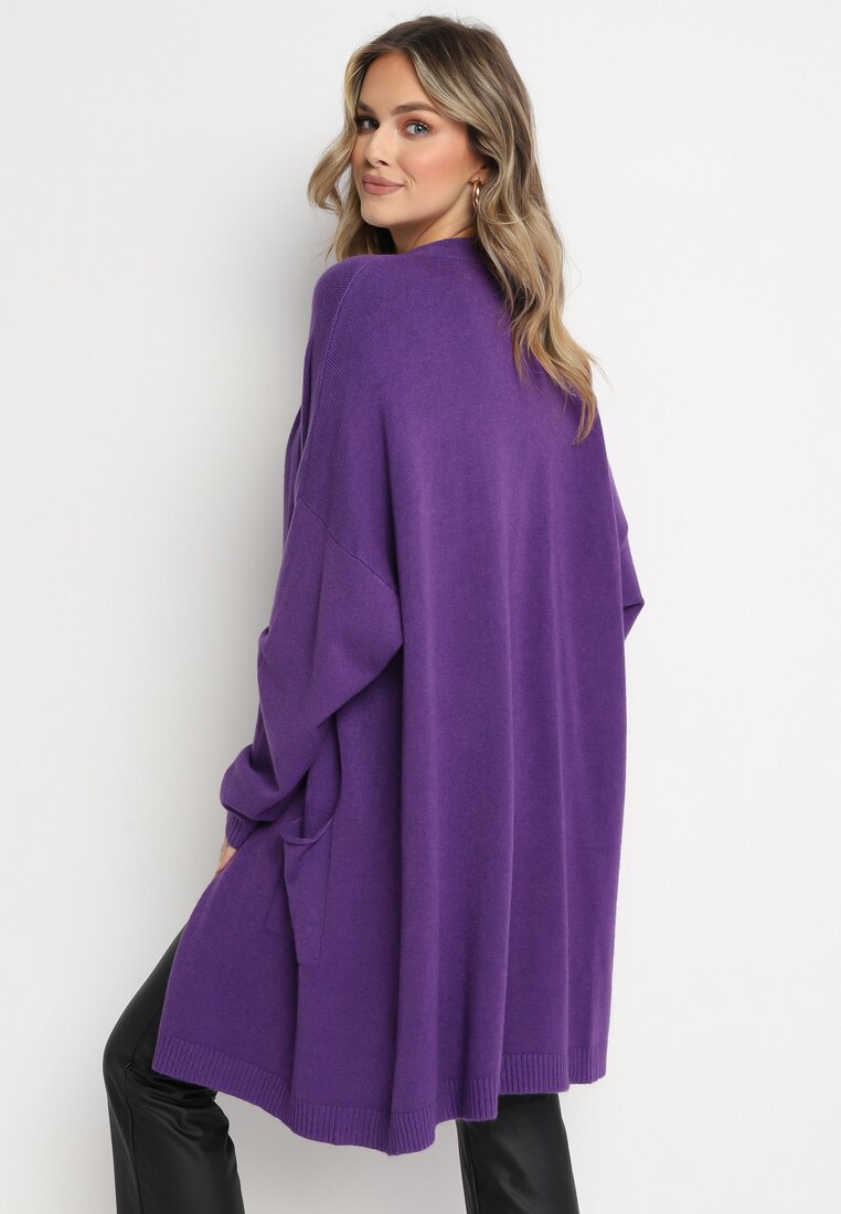 Fioletowy Kardigan Niezapinany z Wsuwanymi Kieszeniami Pianisma