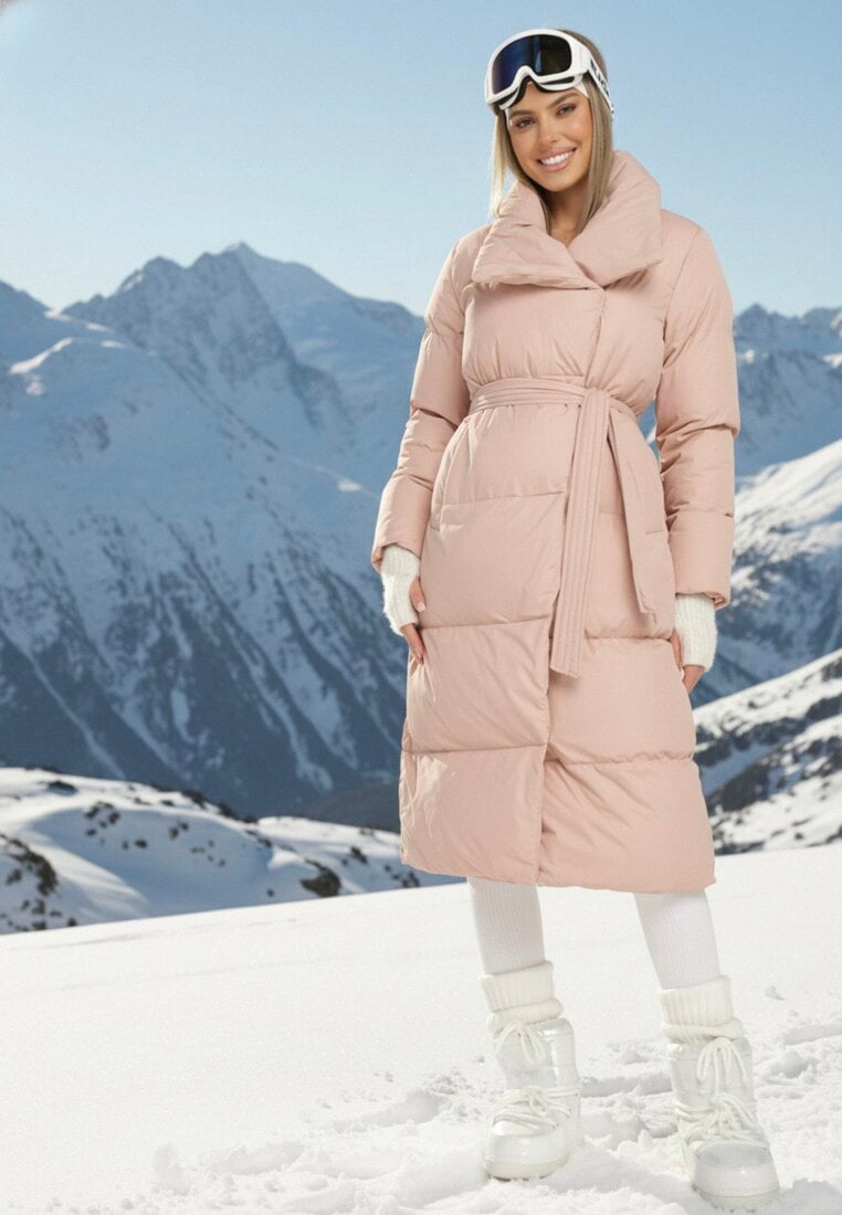 Różowa Kurtka Płaszcz Zapinana na Napy Ukryte pod Plisą z Kieszeniami i Paskiem Ritallas