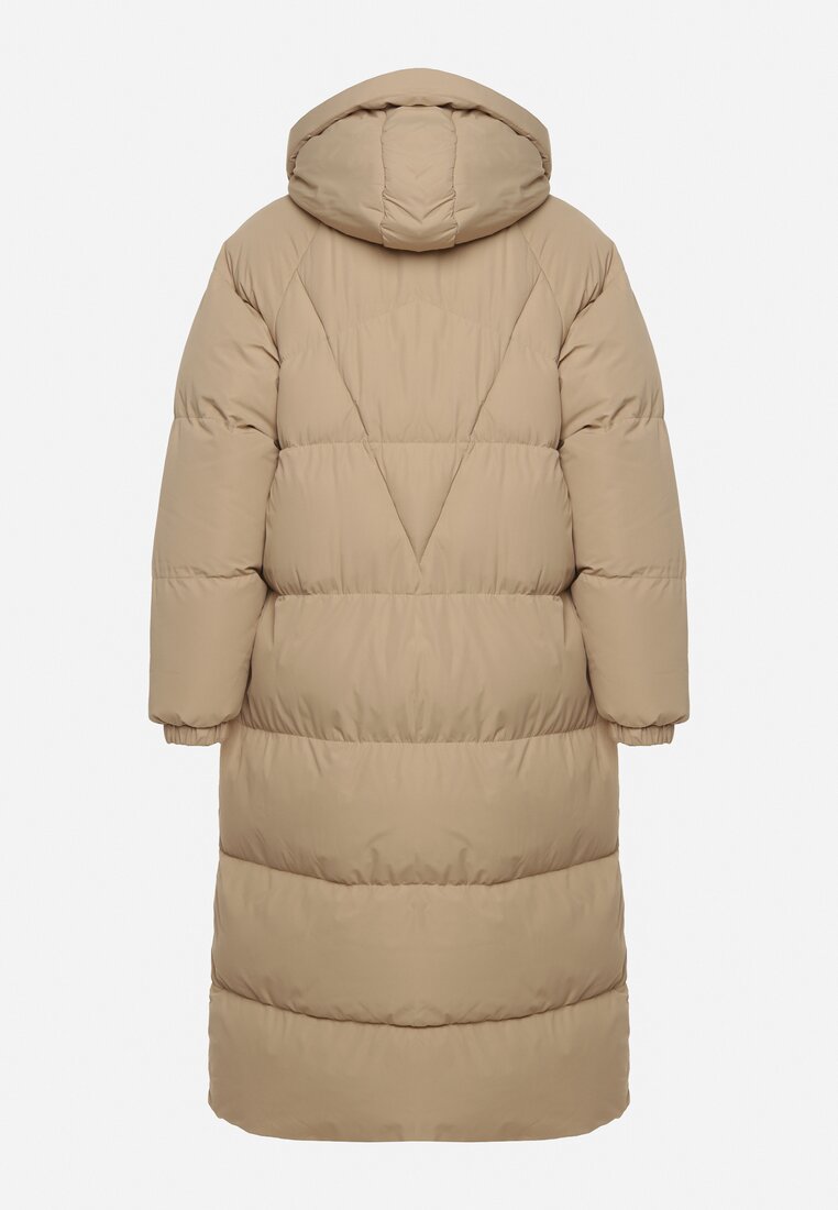 Beżowa Długa Kurtka Pikowana Płaszcz na Zamek z Kapturem Lesea