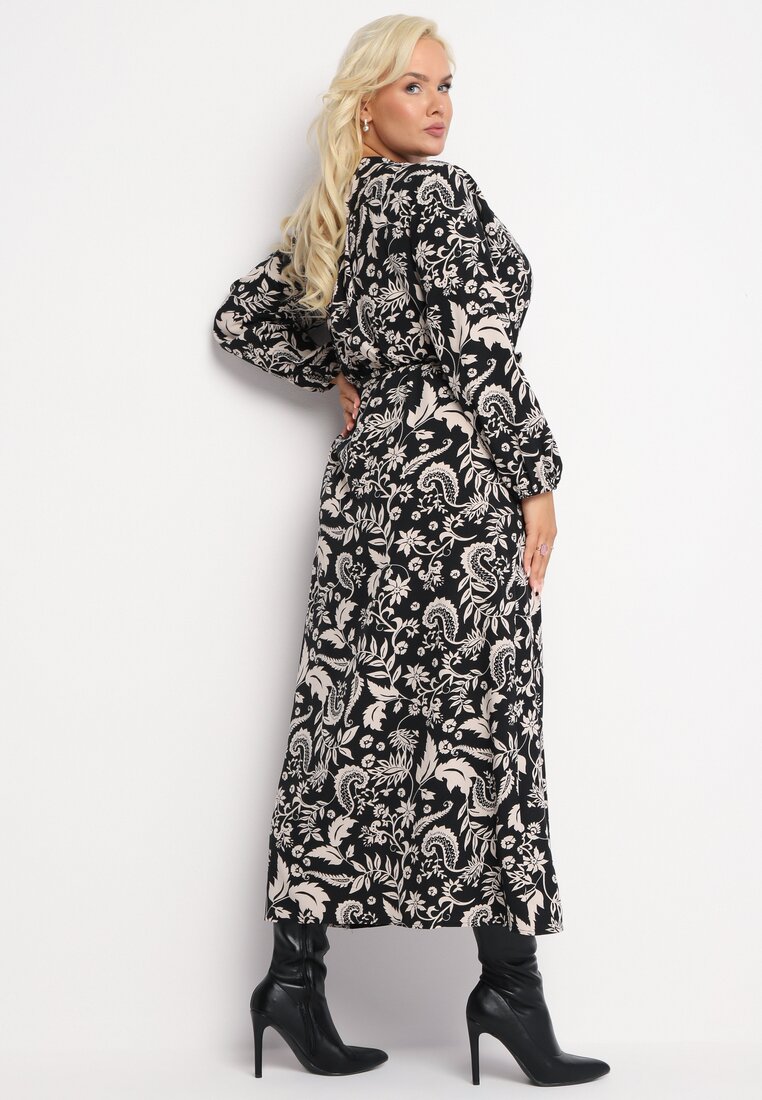 Czarna Sukienka Maxi o Rozkloszowanym Fasonie w Modny Print Renni