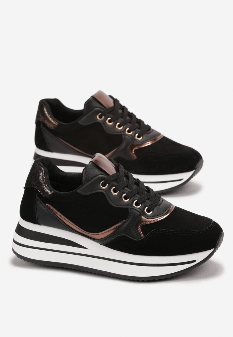 Czarne Sneakersy na Platformie z Metalicznymi Wstawkami Boitt