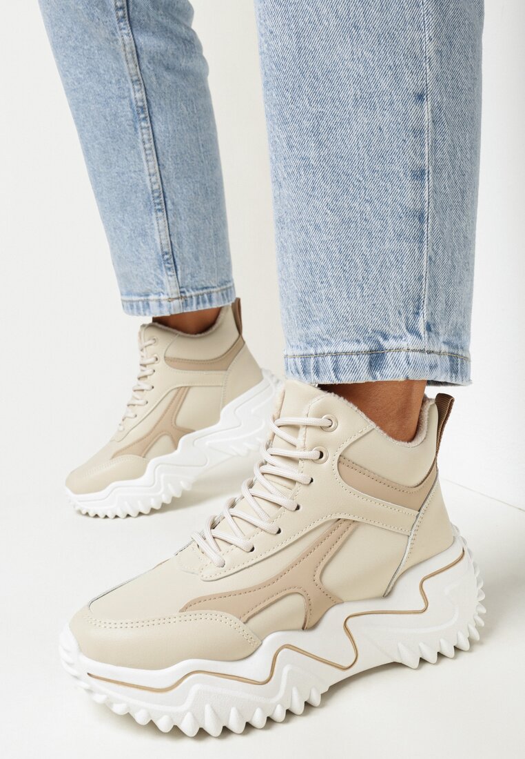 Beżowe Sznurowane Sneakersy na Masywnej Podeszwie Sligga