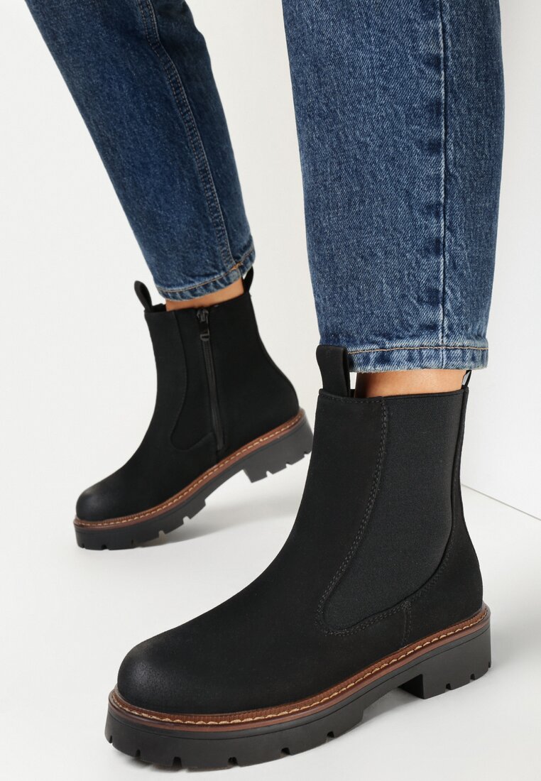 Czarne Botki Sztyblety z Imitacji Zamszu Faina