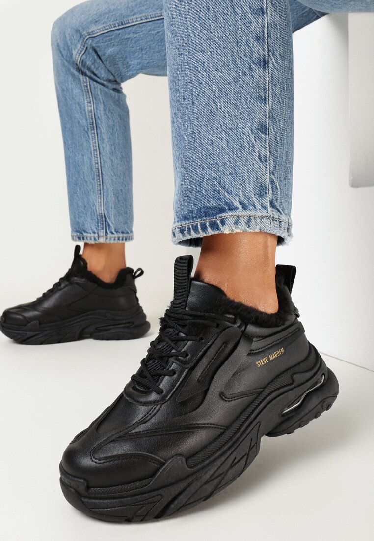 Czarne Sneakersy na Grubej Podeszwie Ocieplone Sztucznym Futerkiem Morla