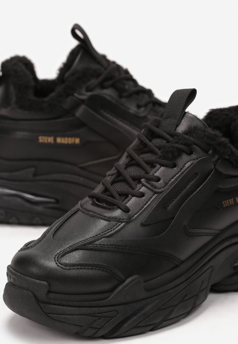 Czarne Sneakersy na Grubej Podeszwie Ocieplone Sztucznym Futerkiem Morla