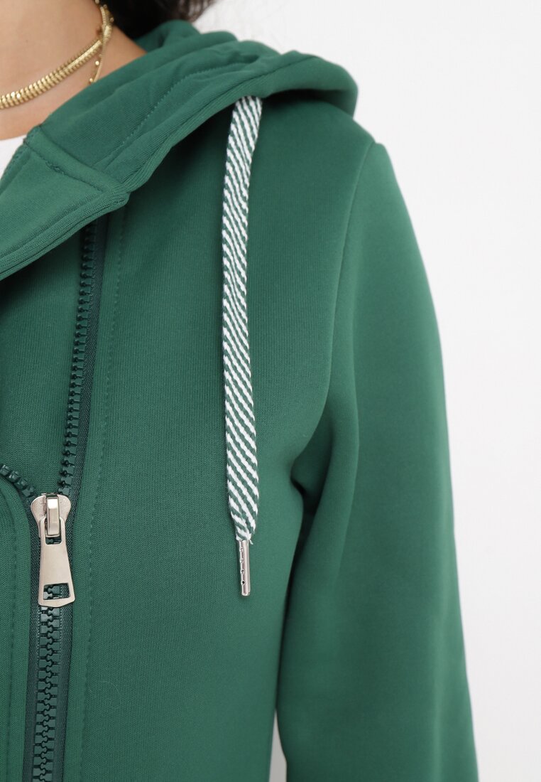 Zielona Ocieplona Bluza z Asymetrycznym Suwakiem i Kapturem Rivana