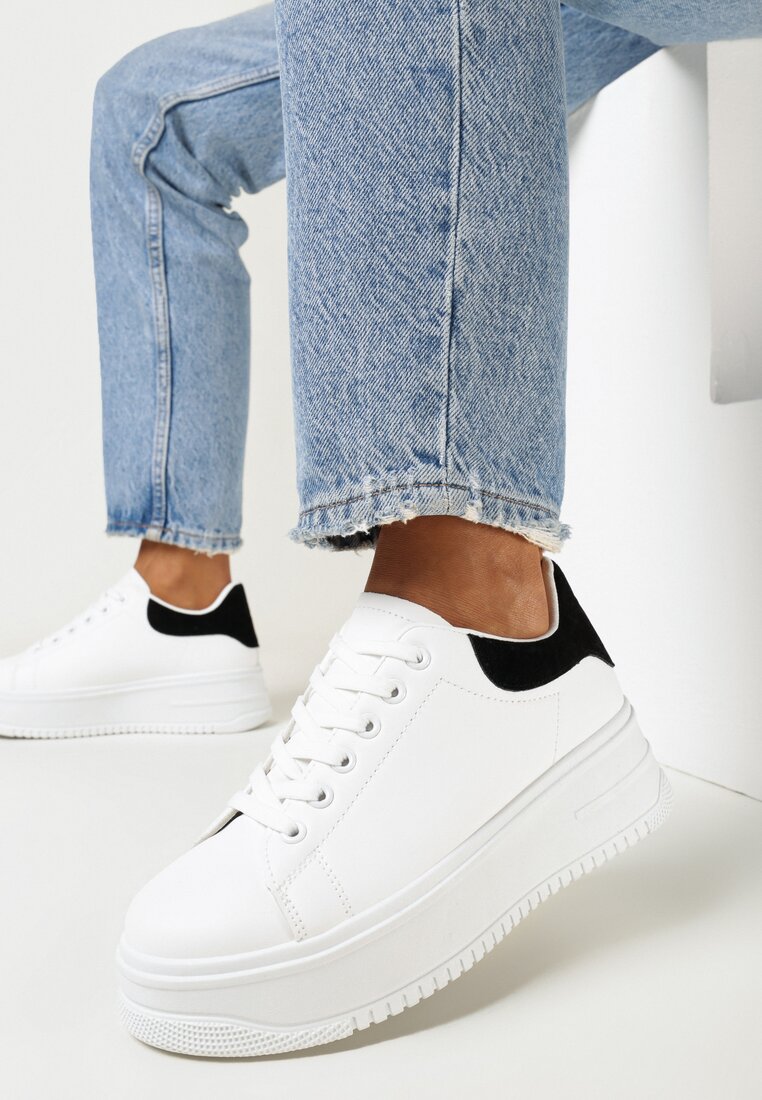 Biało-Czarne Sneakersy przed Kostkę na Platformie Semirane