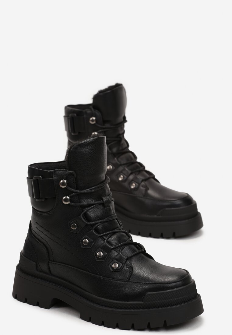 Czarne Traperki na Grubej Podeszwie z Wiązaniem Helara