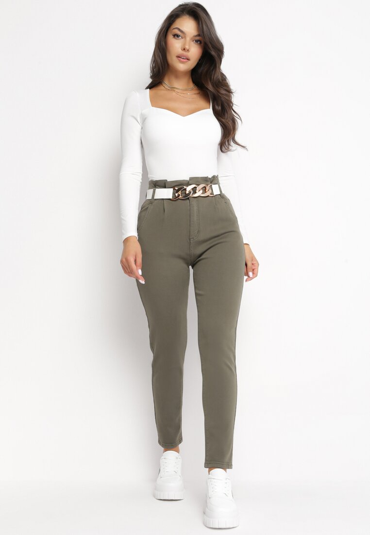 Ciemnozielone Jeansy Mom Fit z Paskiem Ceva