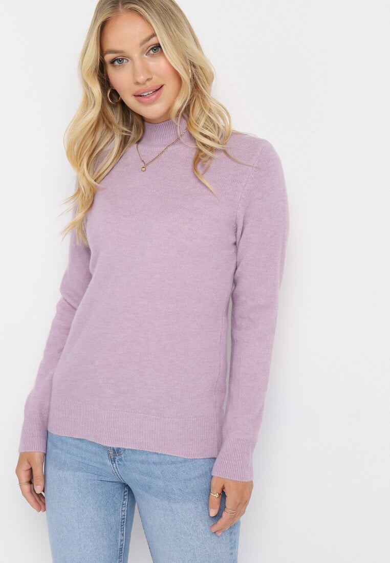 Fioletowy Klasyczny Sweter Golf ze Ściągaczami na Rękawach Cunna