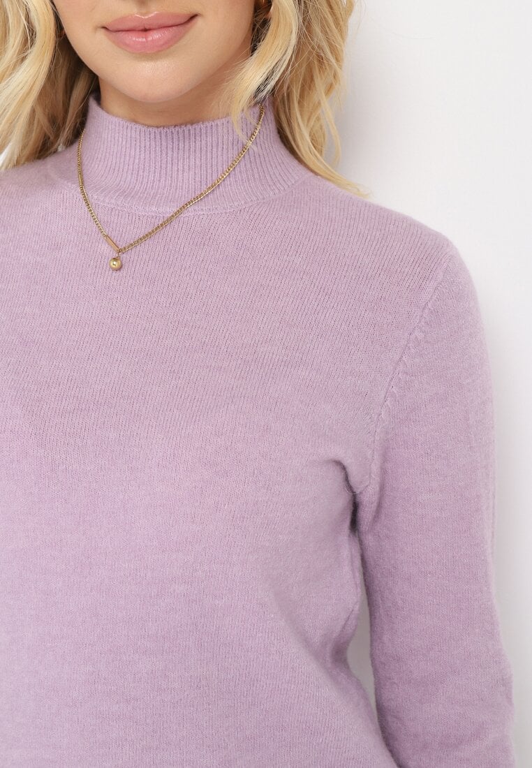 Fioletowy Klasyczny Sweter Golf ze Ściągaczami na Rękawach Cunna