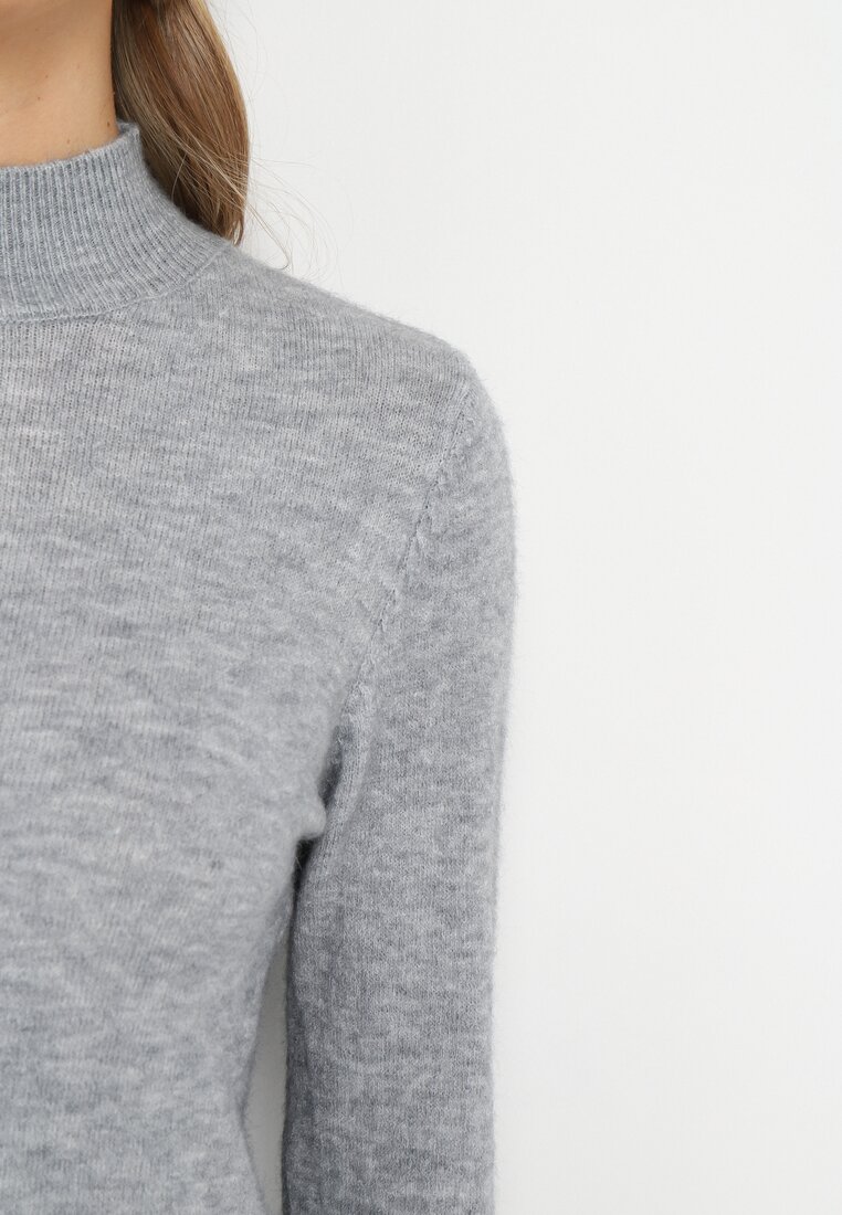 Szary Klasyczny Sweter Golf ze Ściągaczami na Rękawach Cunna