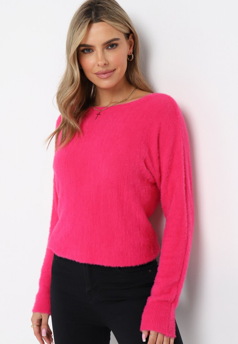 Fuksjowy Sweter z Rękawami o Kroju Nietoperz Halis