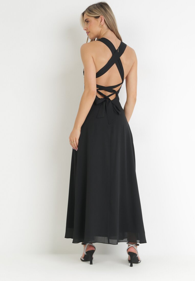 Czarna Sukienka Maxi z Ozdobnym Wiązaniem na Plecach Bremte