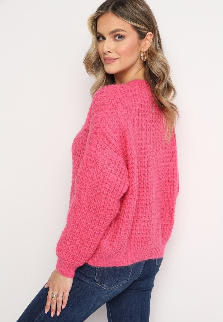Różowy Dzianinowy Sweter z Warkoczykowym Splotem Akina