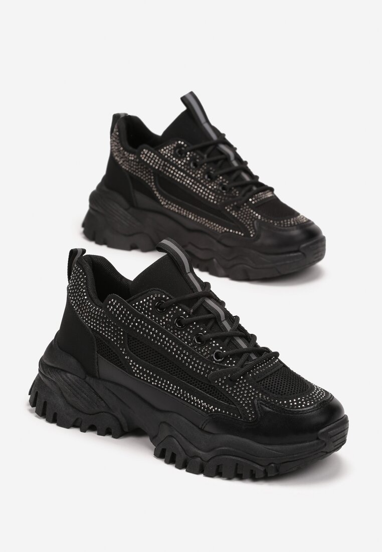 Czarne Sneakersy na Grubej Podeszwie w Cyrkonie Incolea