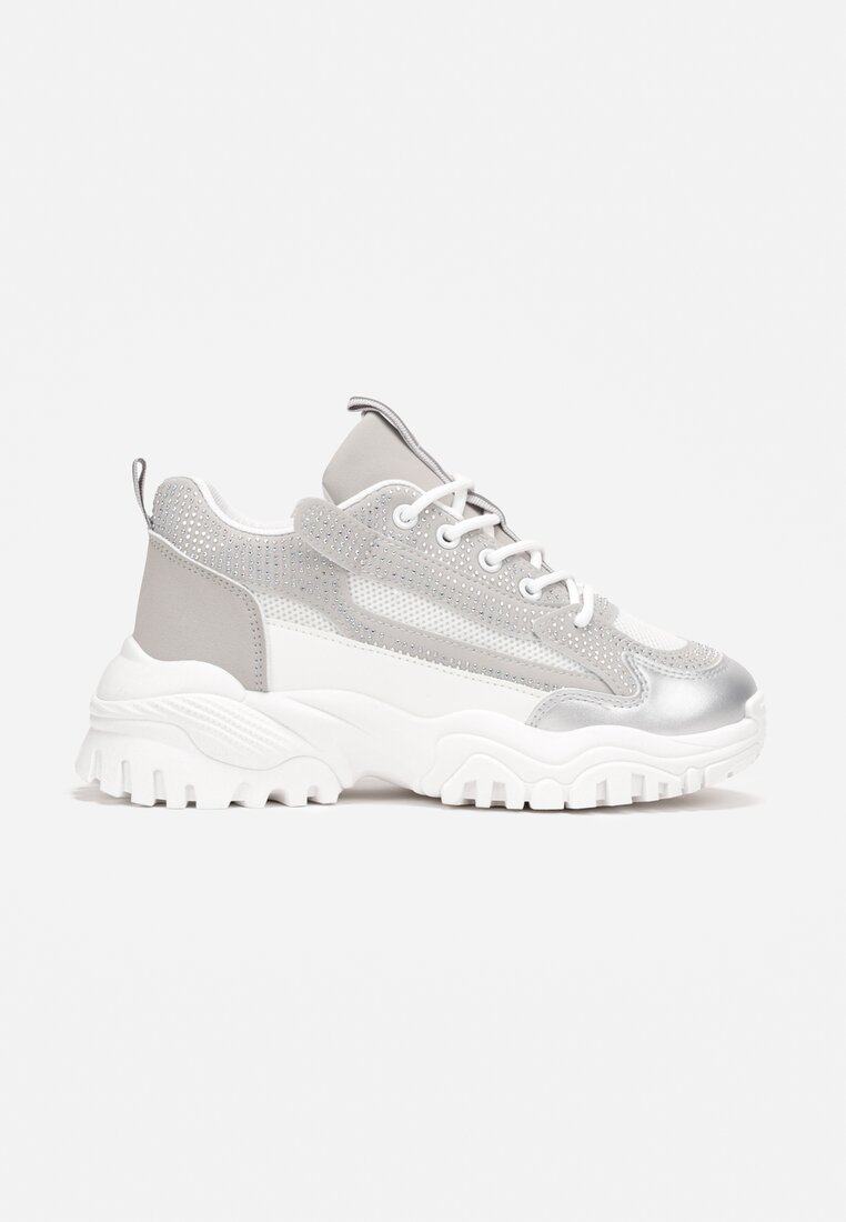 Srebrne Sneakersy na Grubej Podeszwie w Cyrkonie Incolea