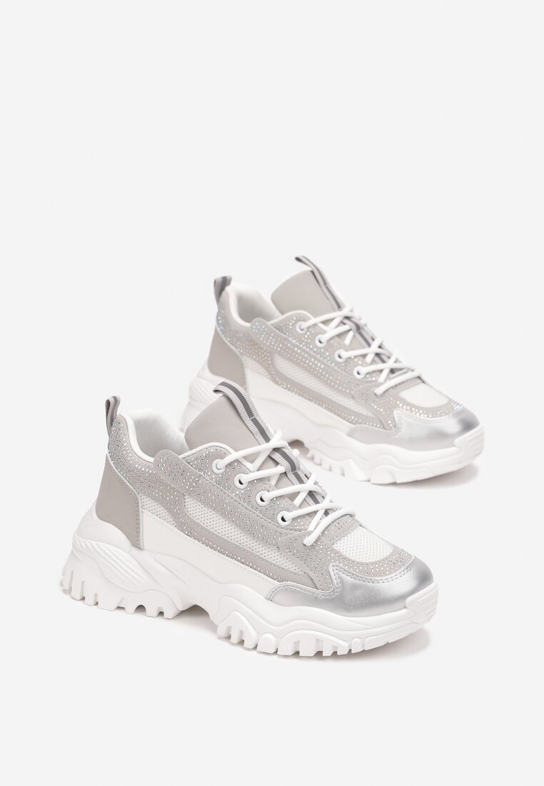 Srebrne Sneakersy na Grubej Podeszwie w Cyrkonie Incolea