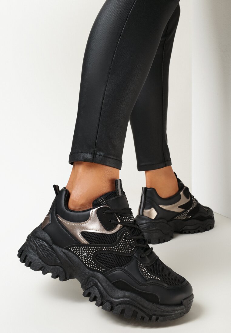 Czarne Sneakersy w Cyrkonie na Grubej Podeszwie Daniattas