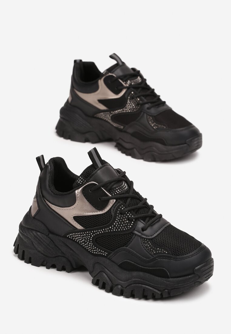 Czarne Sneakersy w Cyrkonie na Grubej Podeszwie Daniattas