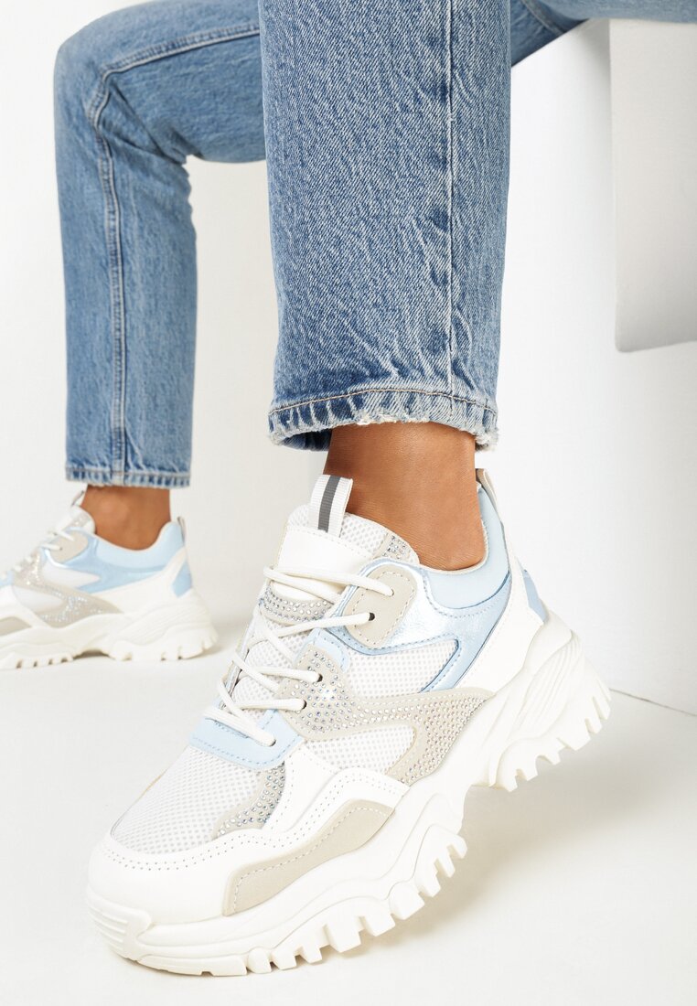 Biało-Niebieskie Sneakersy w Cyrkonie na Grubej Podeszwie Daniattas