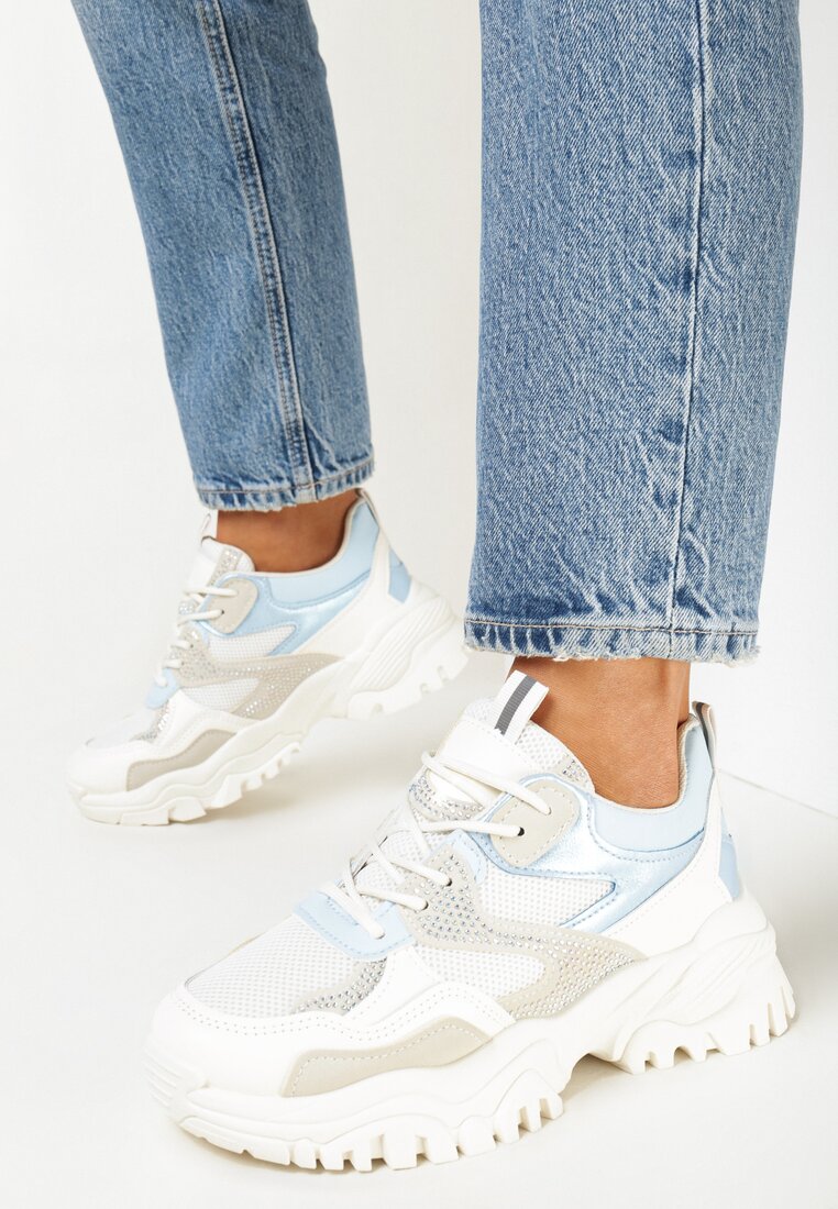Biało-Niebieskie Sneakersy w Cyrkonie na Grubej Podeszwie Daniattas