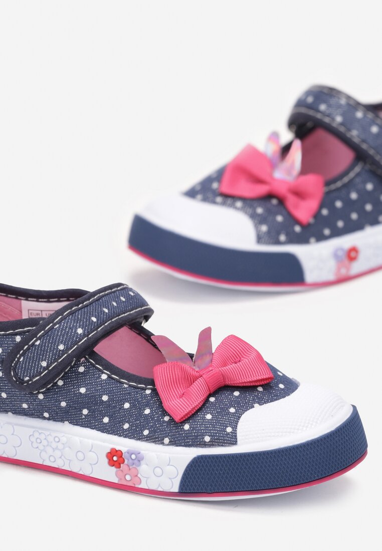 Granatowe Sportowe Balerinki z Zapięciem na Rzep i Kokardką Ombita