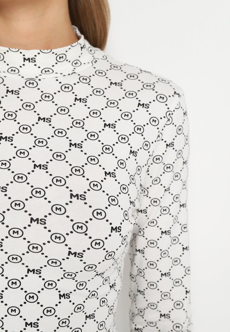 Biała Bawełniana Bluzka z Długim Rękawem i Półgolfem w Modny Print Selinora