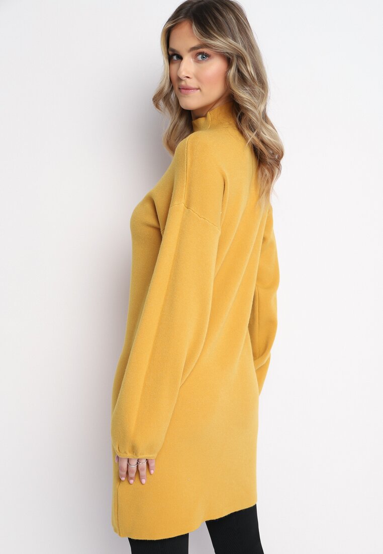 Żółta Sweterkowa Sukienka Mini z Gładkiej Dzianiny Narel