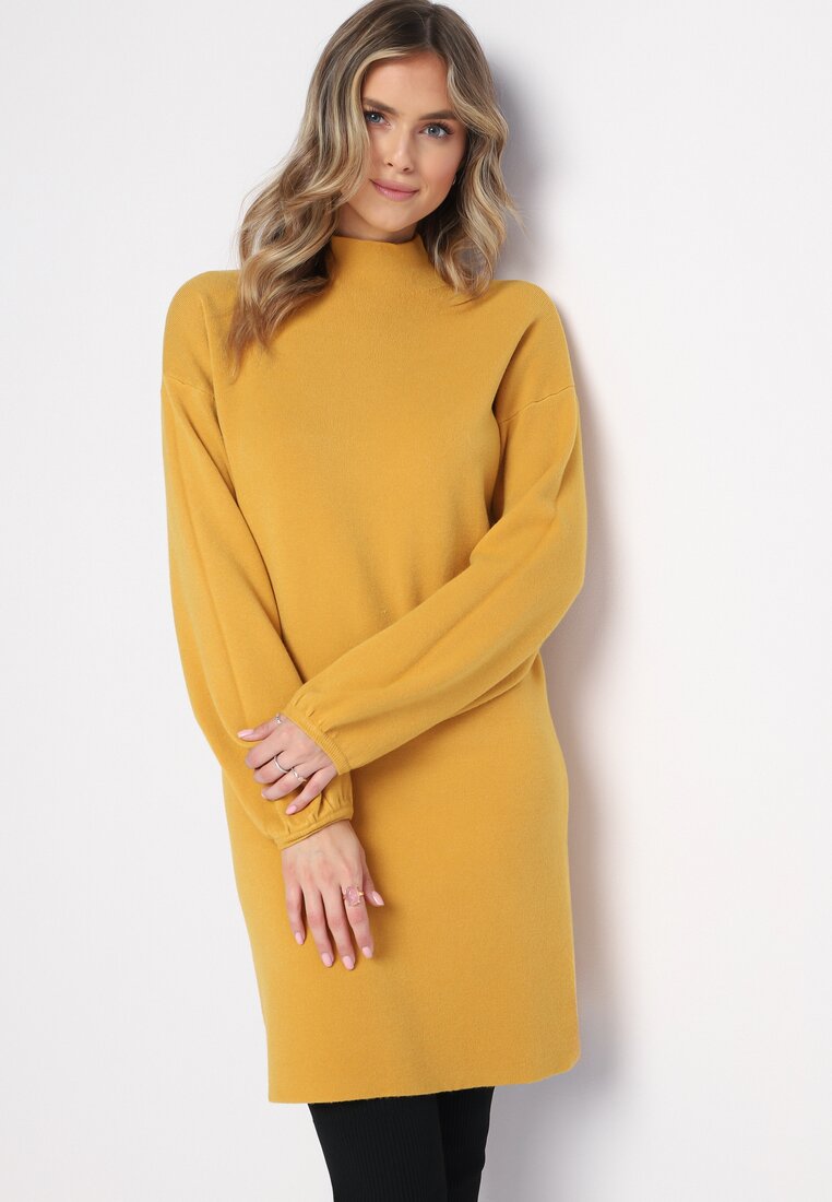 Żółta Sweterkowa Sukienka Mini z Gładkiej Dzianiny Narel
