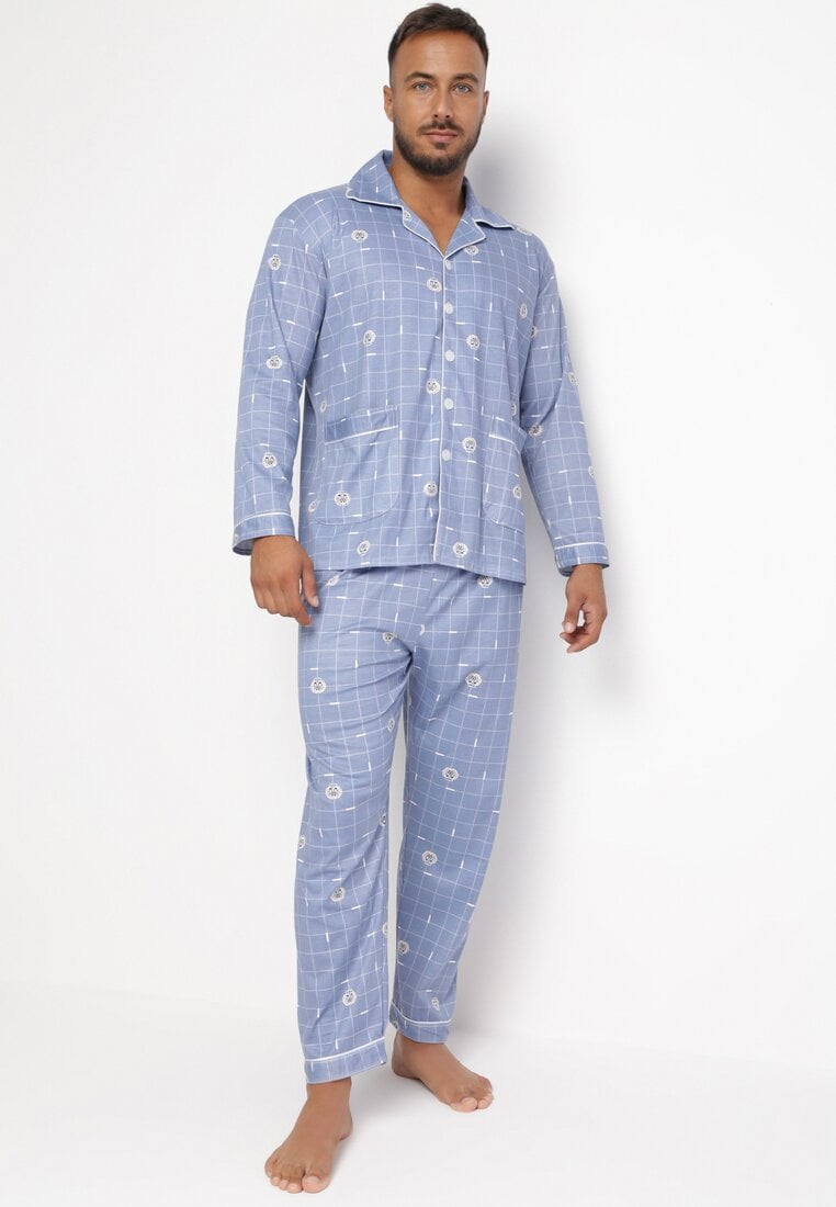 Jasnoniebieska Bawełniana 2-Częściowa Piżama w Modny Nadruk Zapinana Koszula i Spodnie na Gumce Timba