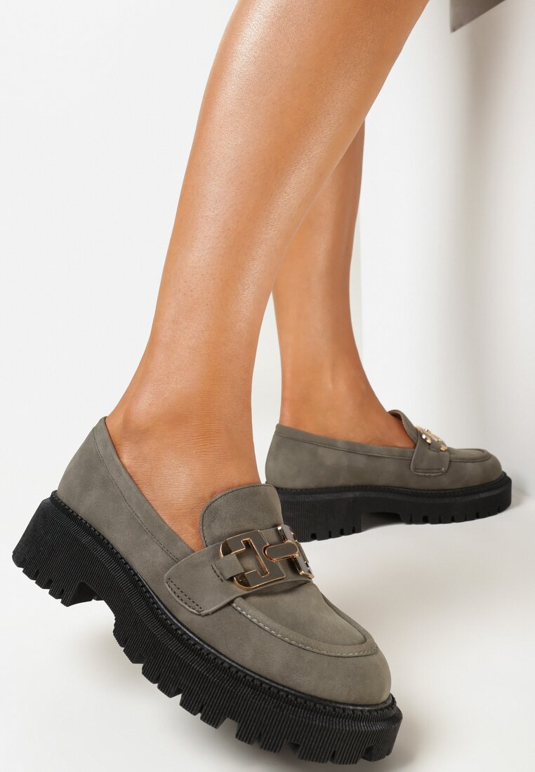 Zielone Mokasyny na Platformie z Klamerką Sowida